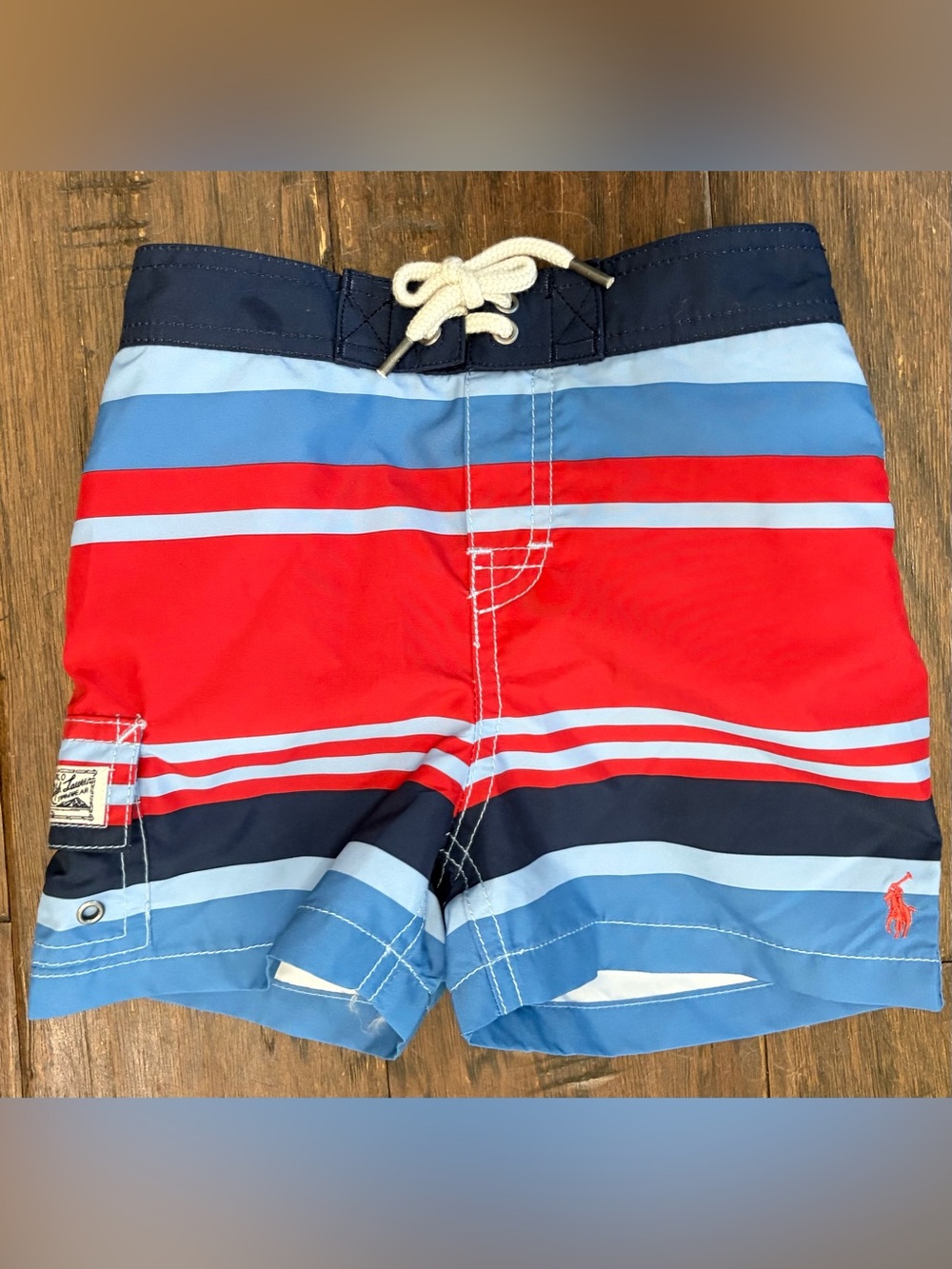 Ralph Lauren Boys Red, Navy & Light Blue Striped Swim Trunks